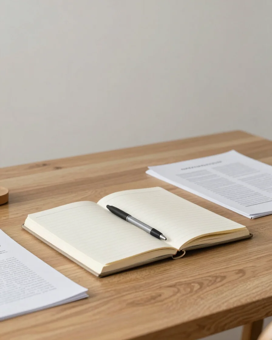 Natural editorial photograph of a clean, tidy workspace in soft even daylight, with a notebook, pen, and printed documen